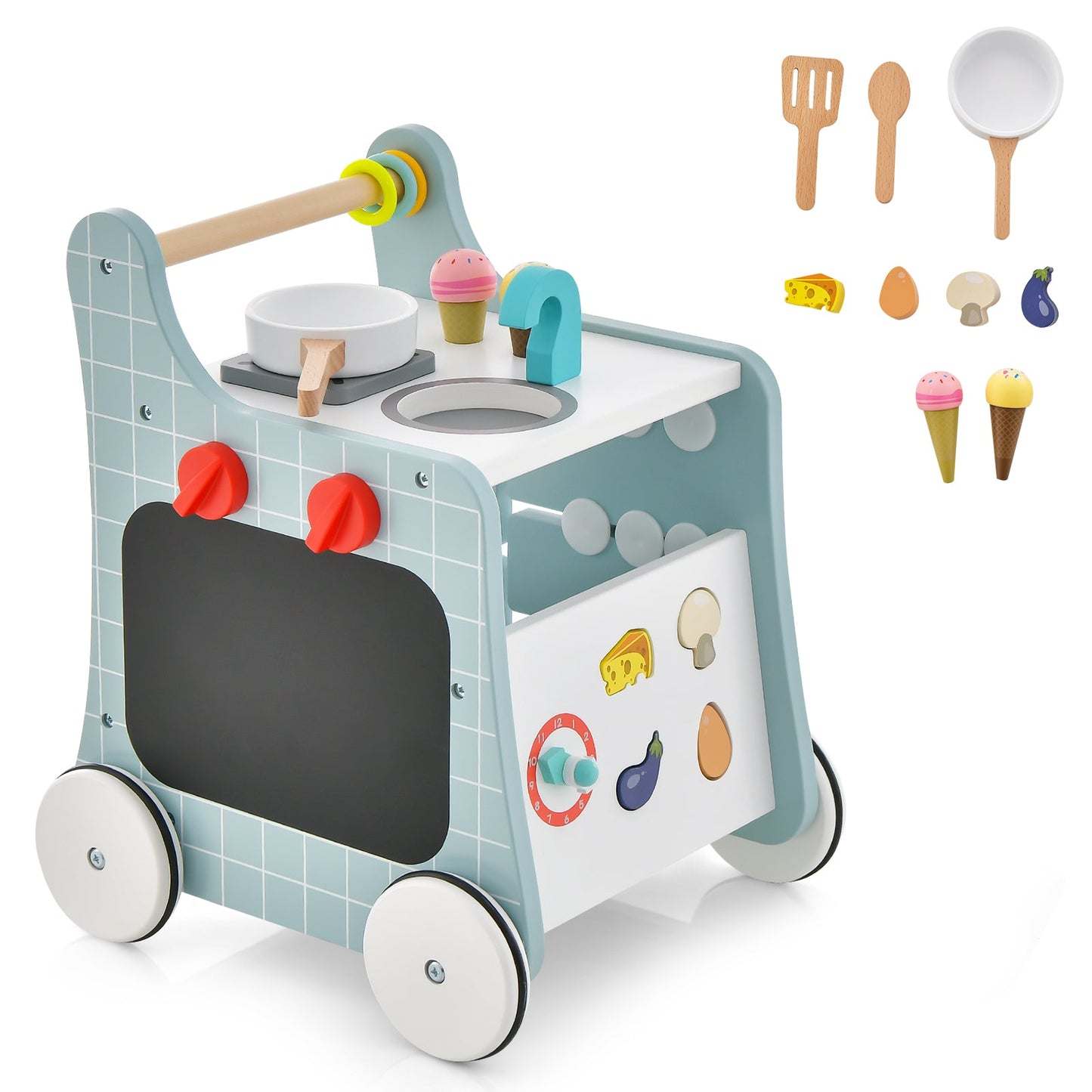 6-in-1 Wooden Baby Stroller with Play Kitchen - Blue