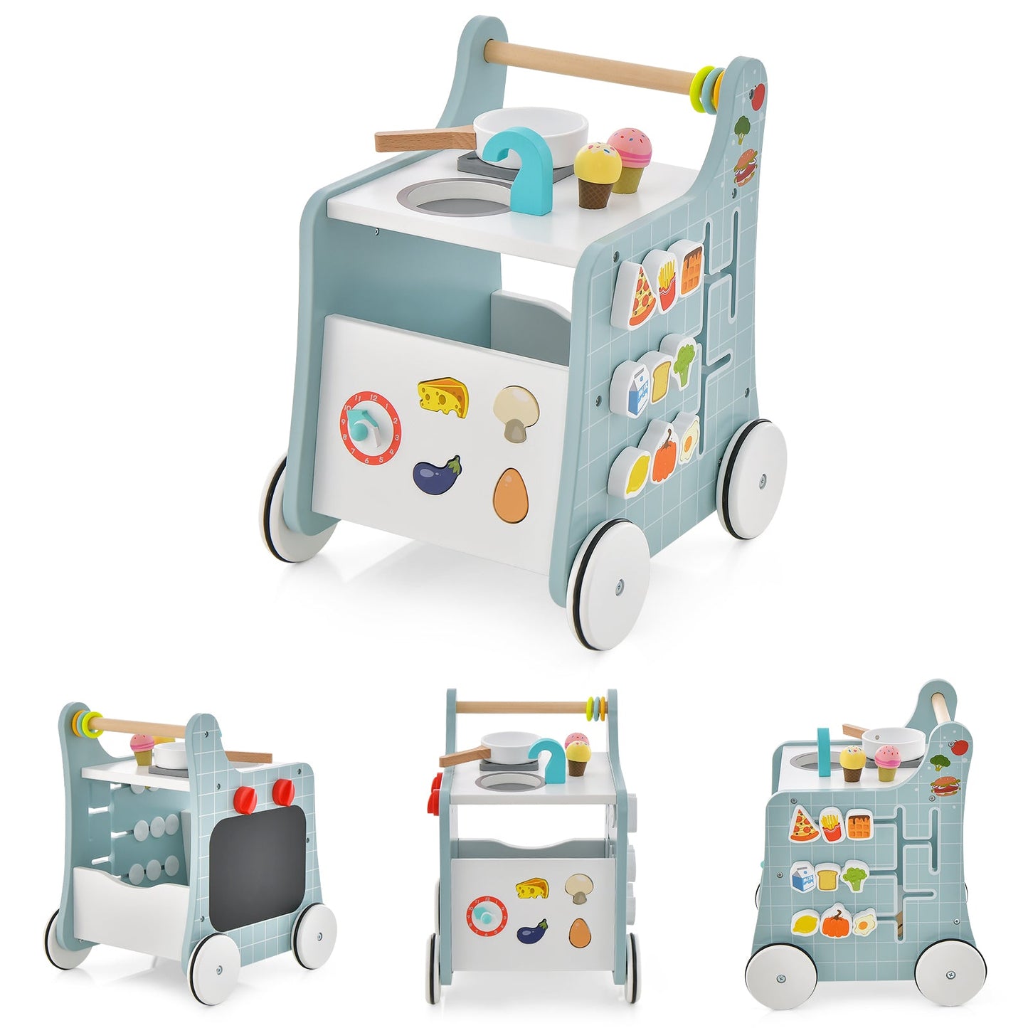 6-in-1 Wooden Baby Stroller with Play Kitchen - Blue