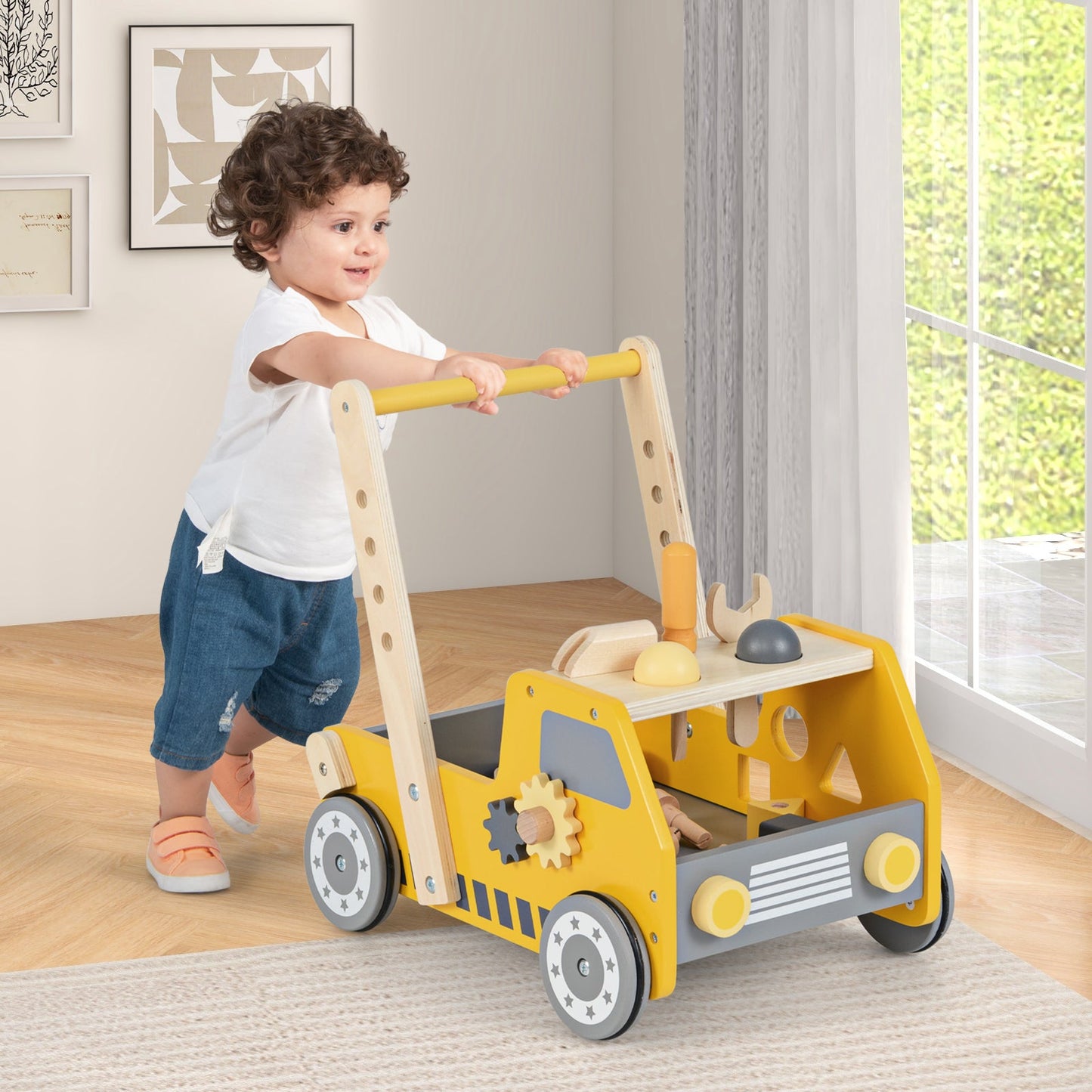 2-in-1 Wooden Baby Walker with Adjustable Speed & Storage - Yellow