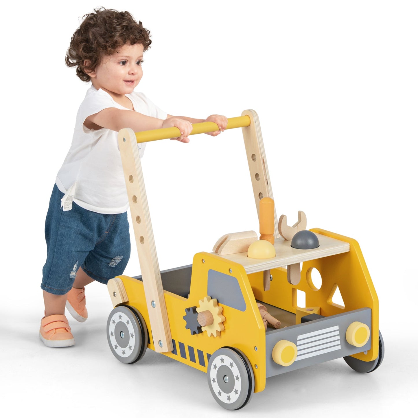 2-in-1 Wooden Baby Walker with Adjustable Speed & Storage - Yellow