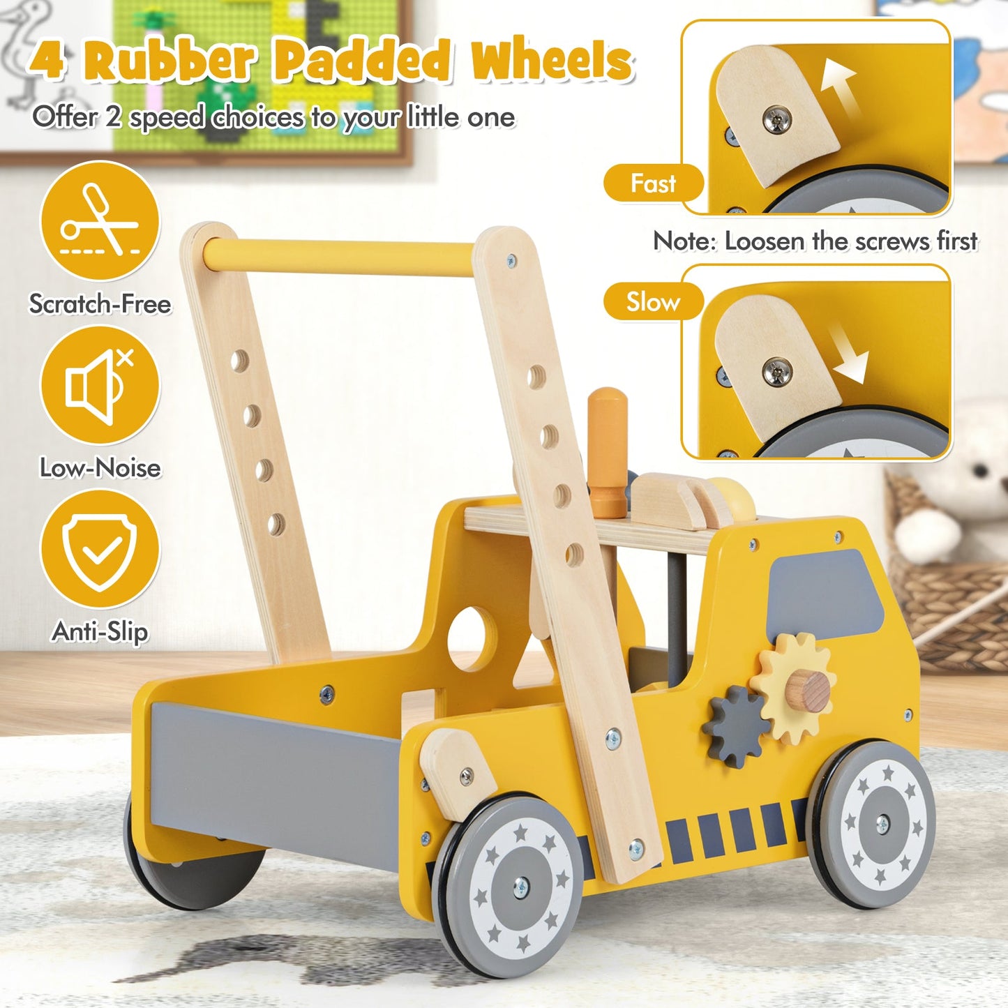 2-in-1 Wooden Baby Walker with Adjustable Speed & Storage - Yellow