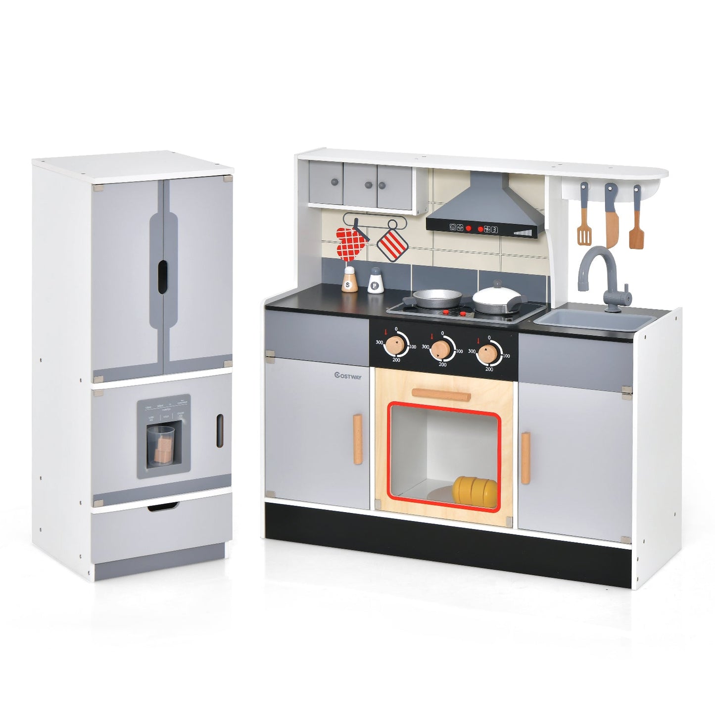 Wooden Chef Play Kitchen with Realistic Range Hood & Refrigerator