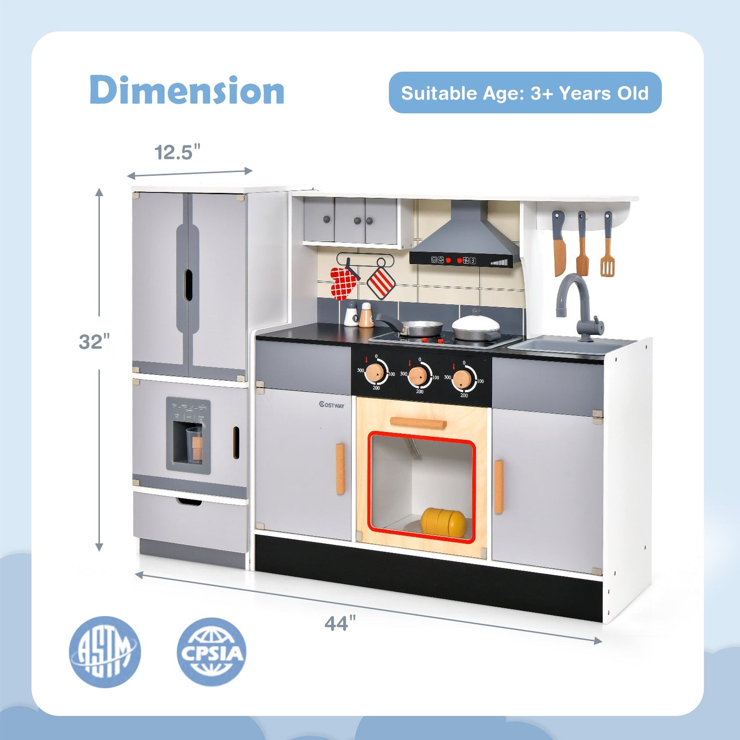 Wooden Chef Play Kitchen with Realistic Range Hood & Refrigerator