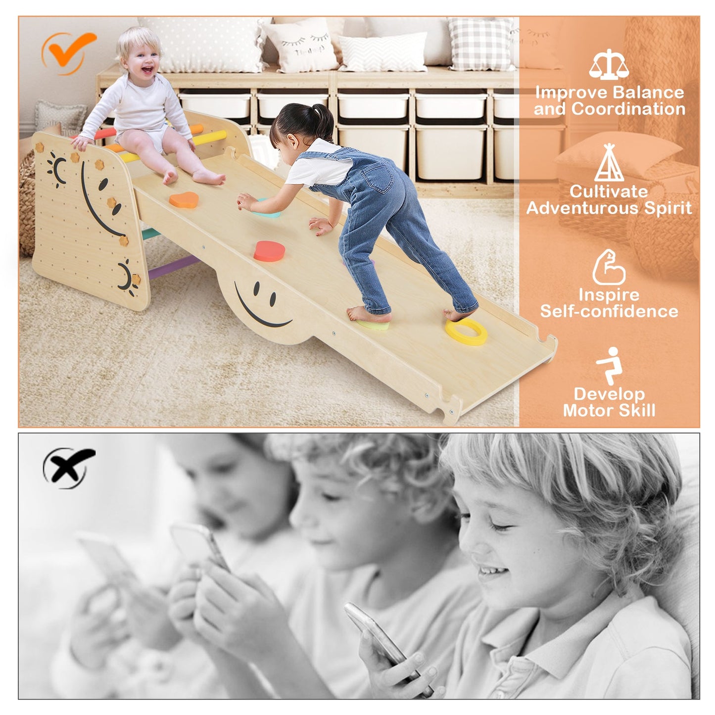 Wooden Climbing Toy Triangle Climber Set with Seesaw - Multicolor