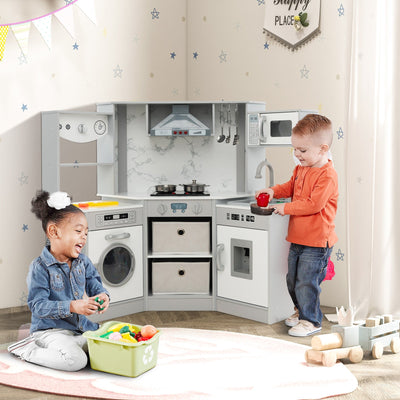 Wooden Kids Play Kitchen Set with Realistic Lights and Sounds