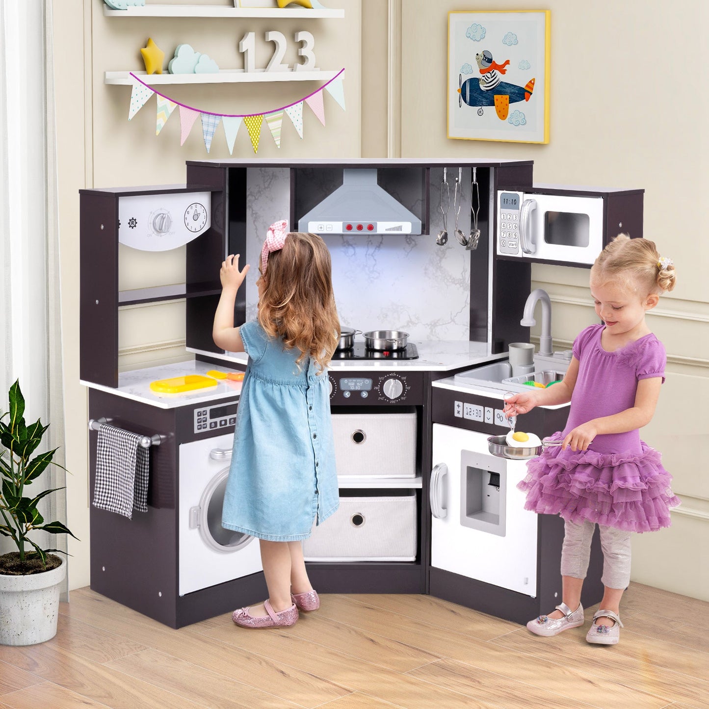 Wooden Kids Play Kitchen Set with Realistic Lights & Sounds