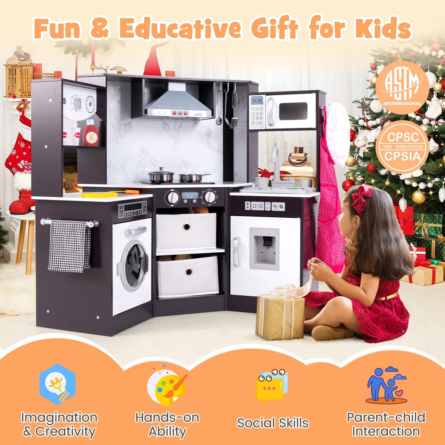 Wooden Kids Play Kitchen Set with Realistic Lights & Sounds