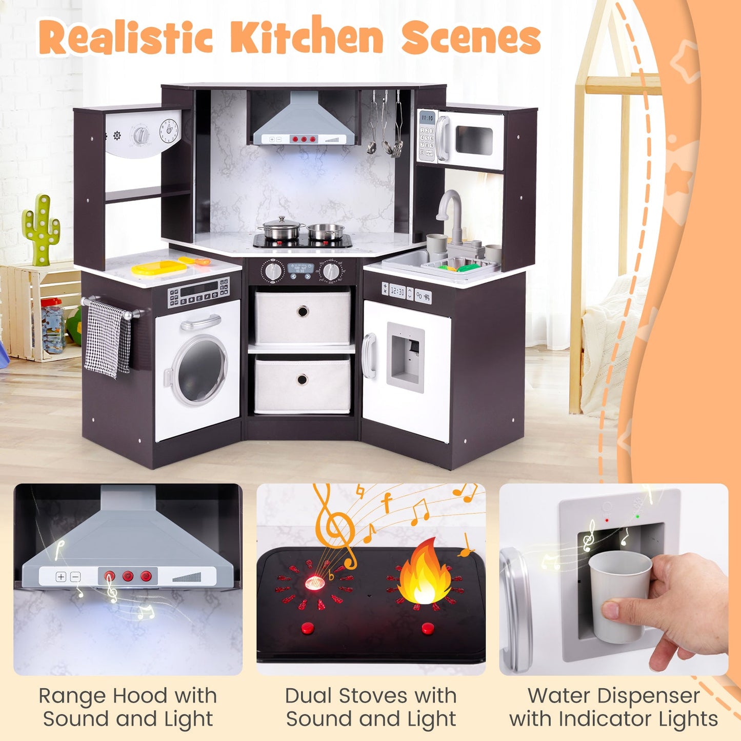 Wooden Kids Play Kitchen Set with Realistic Lights & Sounds
