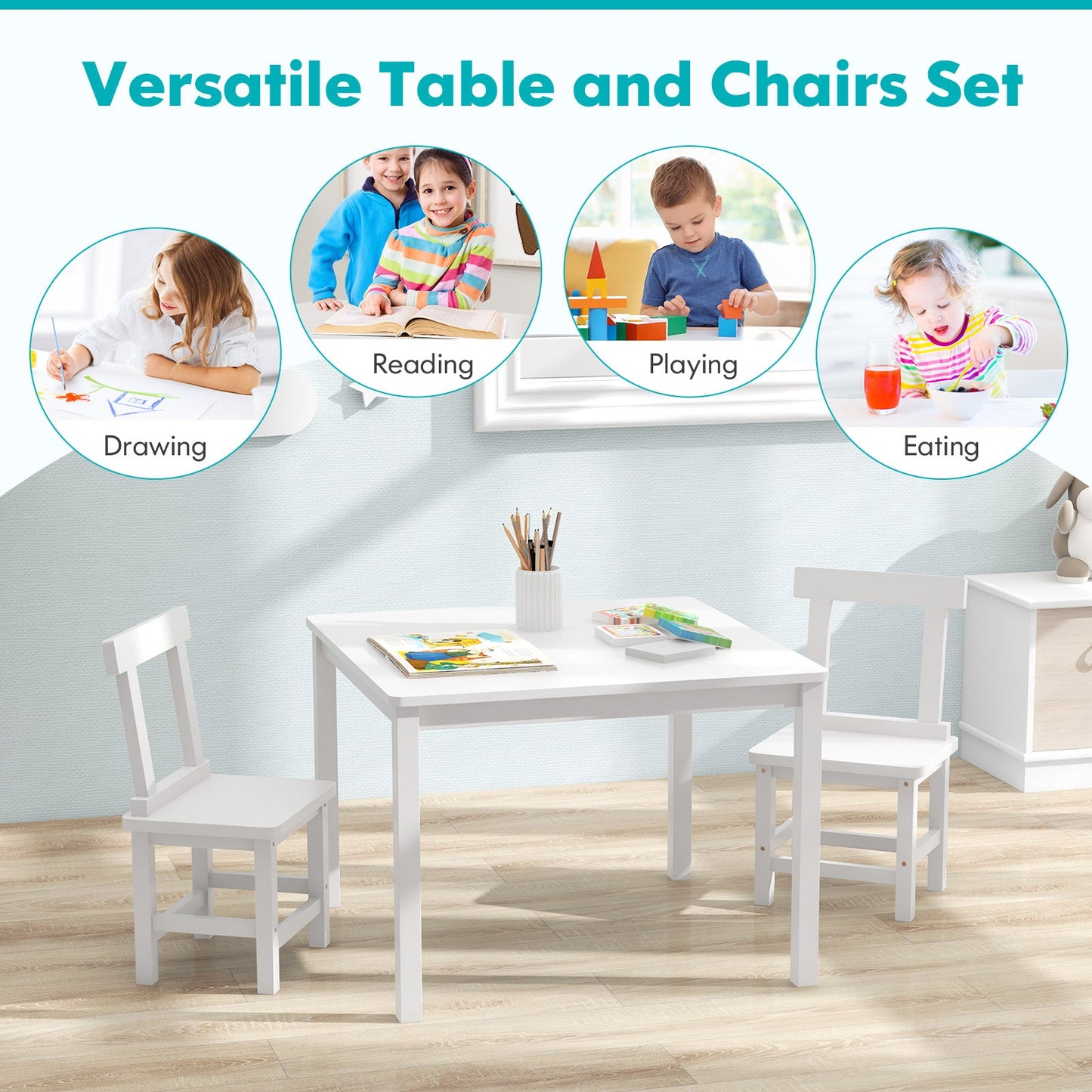 Wooden Kids Table and 2 Chairs Set - White