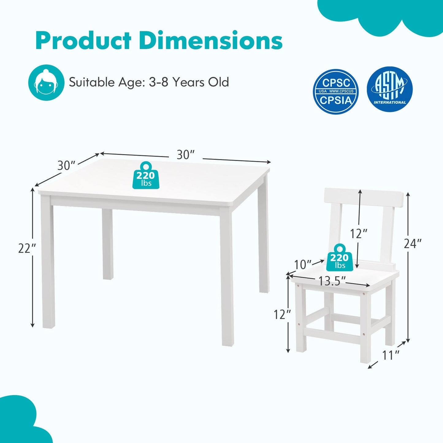 Wooden Kids Table and 2 Chairs Set - White