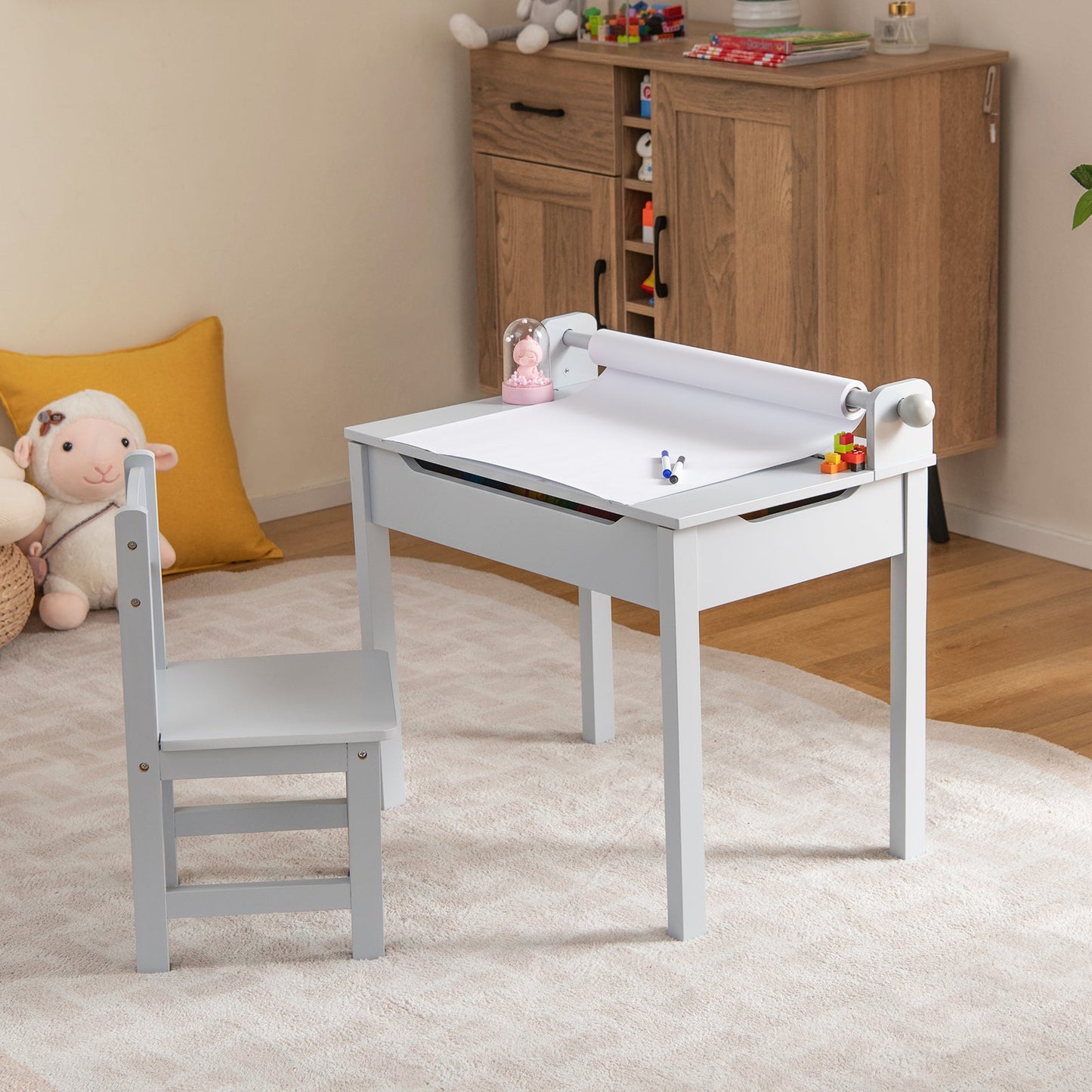 Ensemble de Table et Chaises en Bois pour Enfants avec Rangement - Gris
