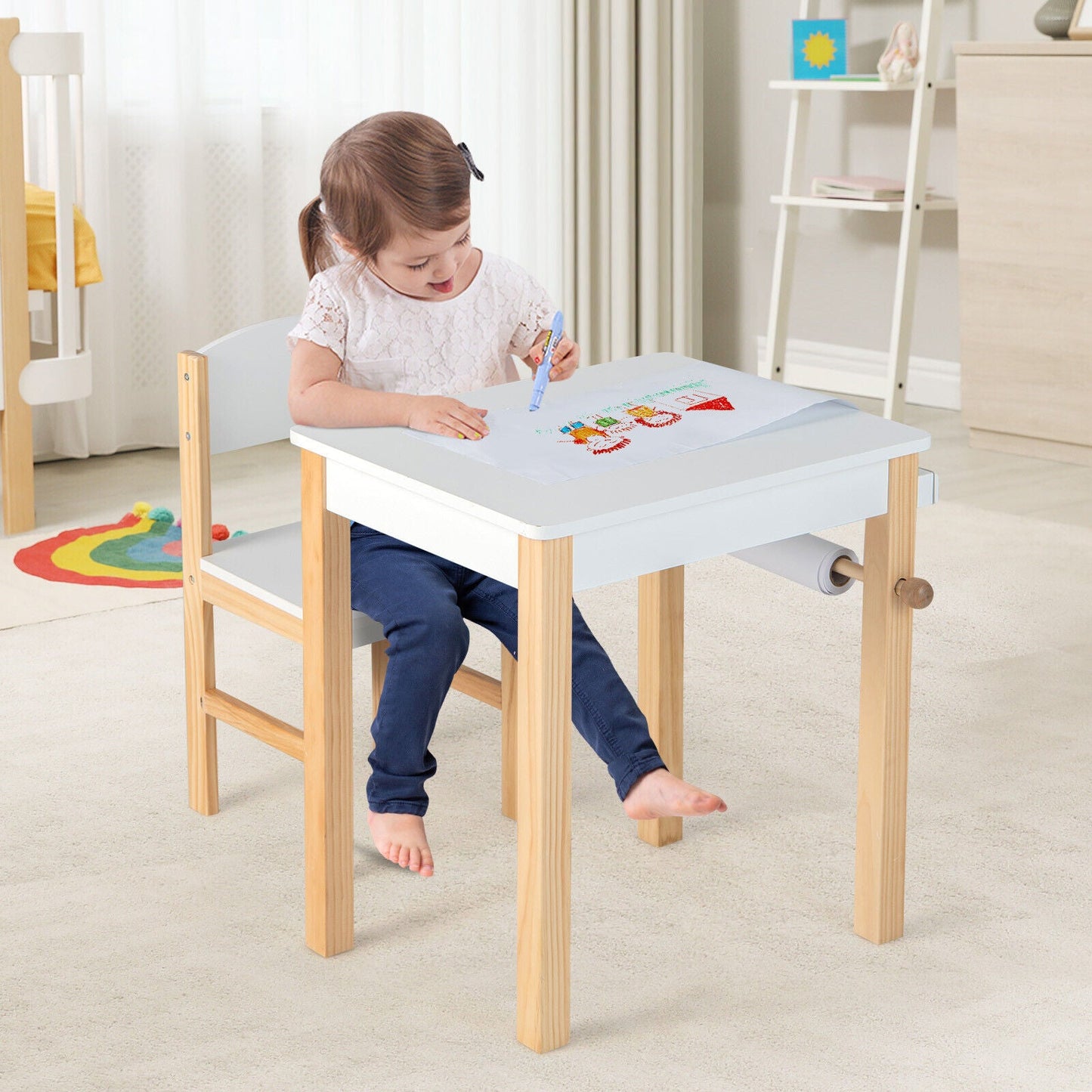 Ensemble de table et chaise d'art pour enfants avec tiroir et rouleau de papier - Blanc