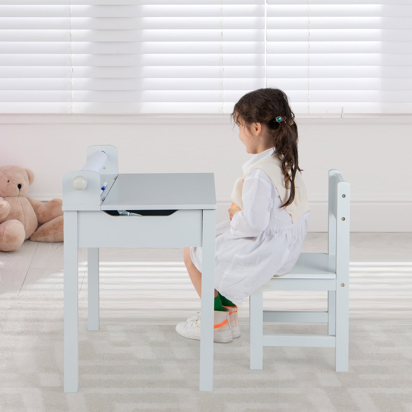 Ensemble de Table et Chaises en Bois pour Enfants avec Rangement - Gris