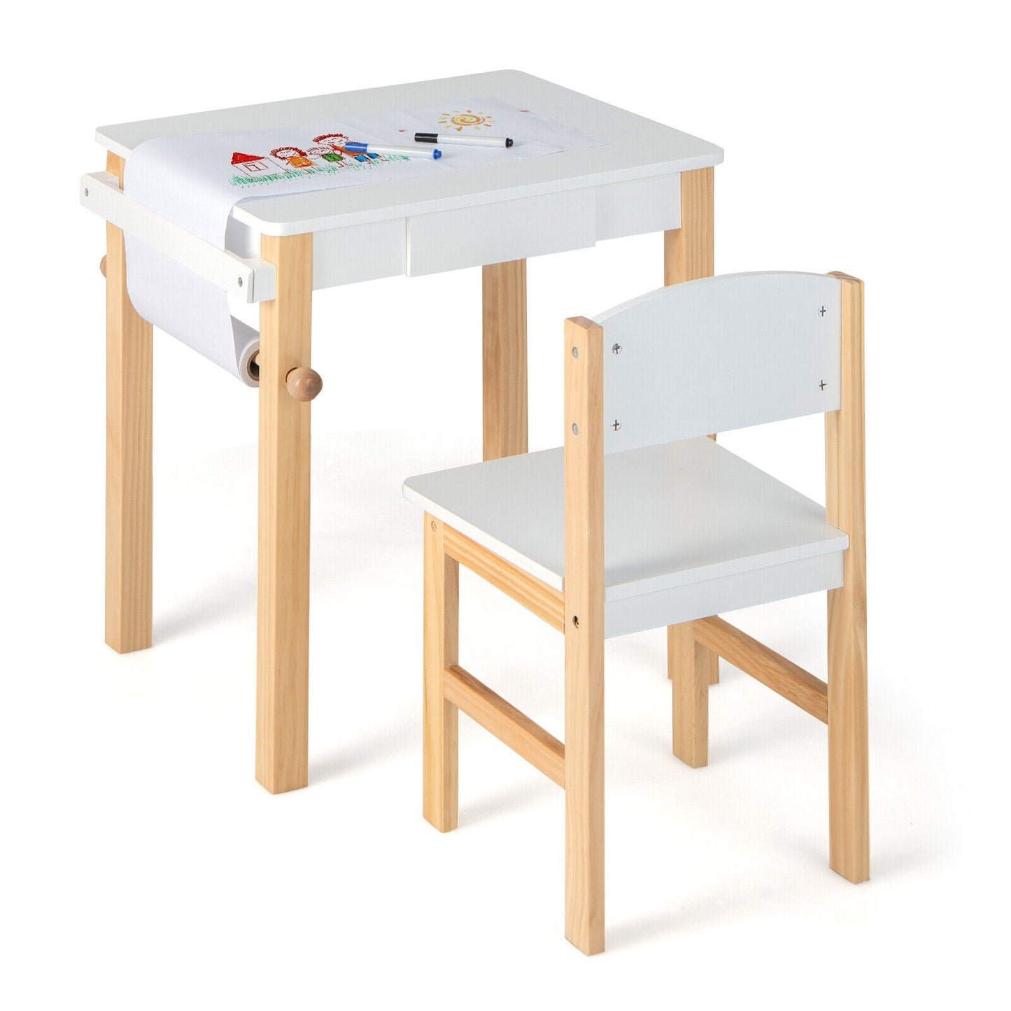 Ensemble de table et chaise d'art pour enfants avec tiroir et rouleau de papier - Blanc