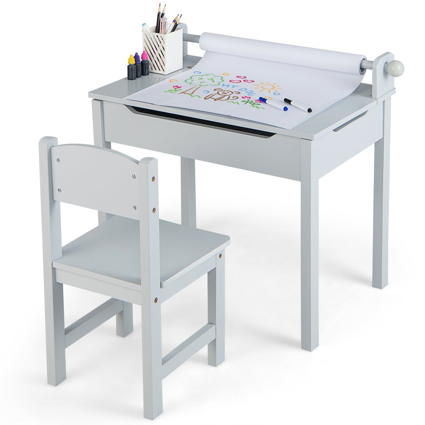 Ensemble de Table et Chaises en Bois pour Enfants avec Rangement - Gris