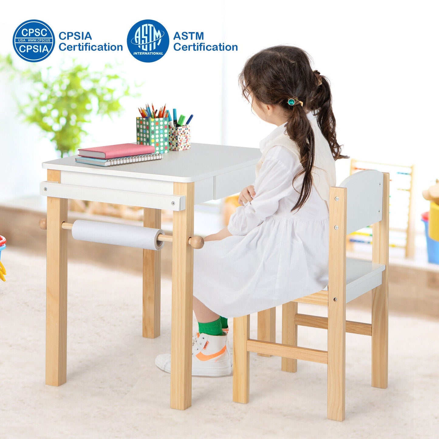 Ensemble de table et chaise d'art pour enfants avec tiroir et rouleau de papier - Blanc