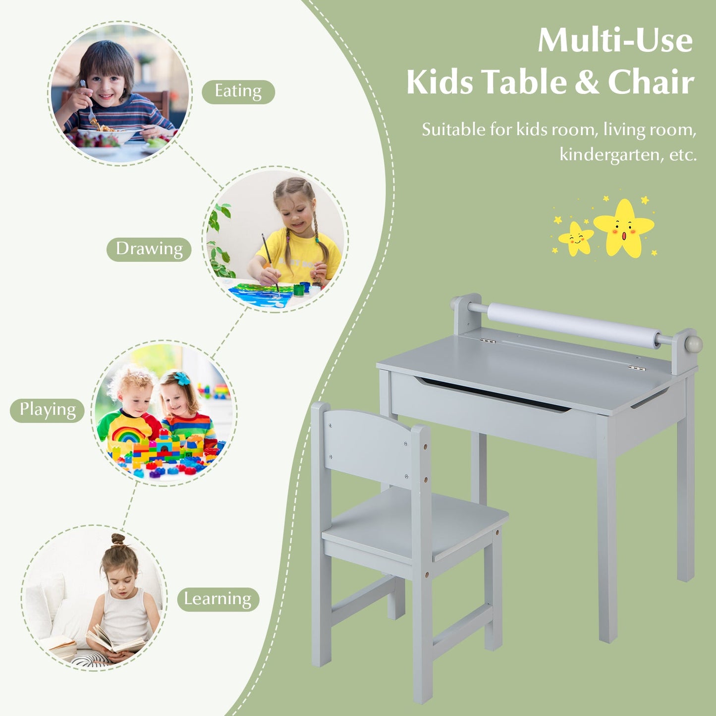 Ensemble de Table et Chaises en Bois pour Enfants avec Rangement - Gris