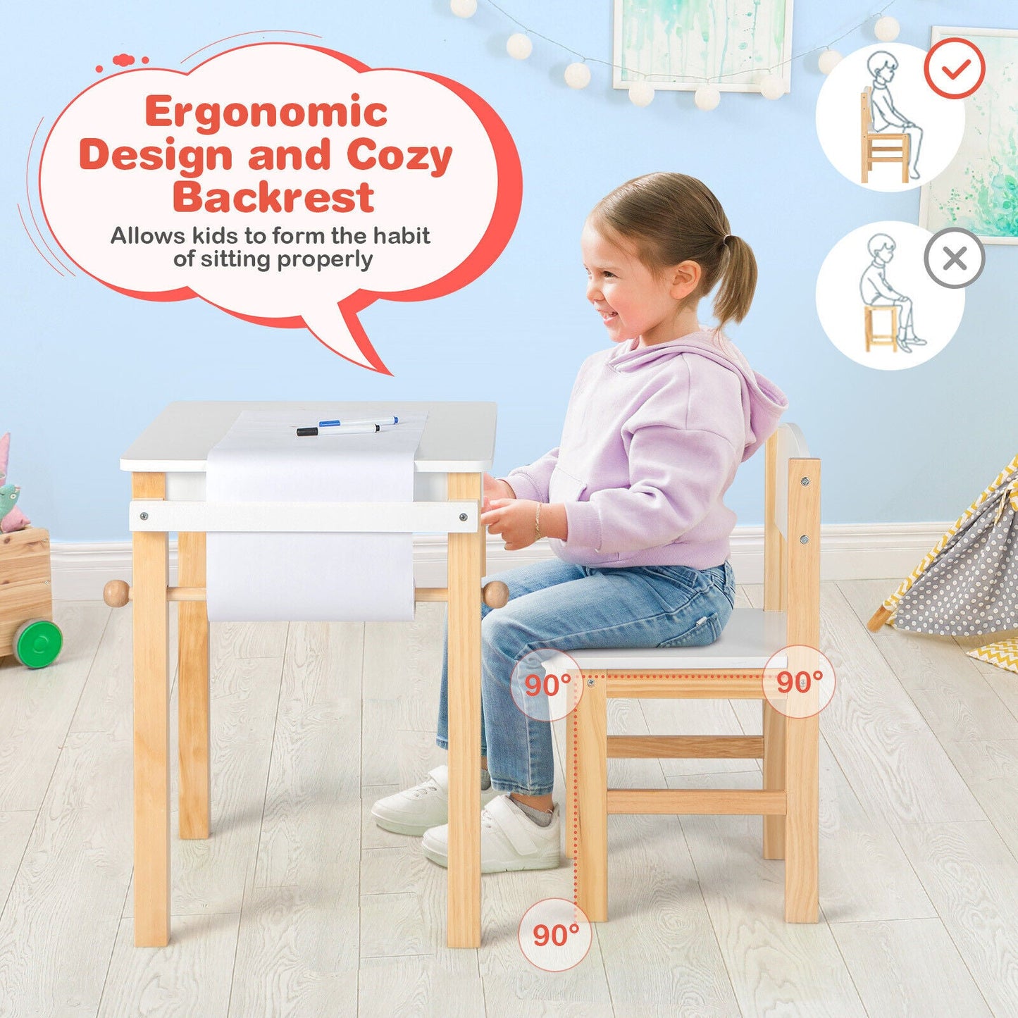 Ensemble de table et chaise d'art pour enfants avec tiroir et rouleau de papier - Blanc