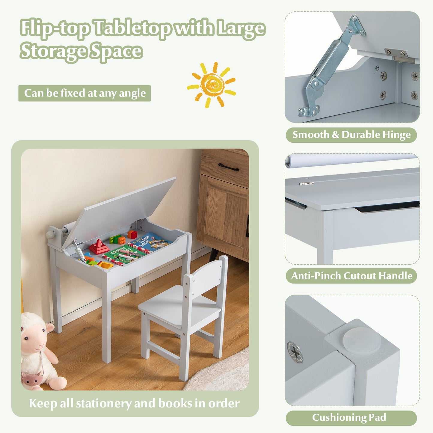 Ensemble de Table et Chaises en Bois pour Enfants avec Rangement - Gris