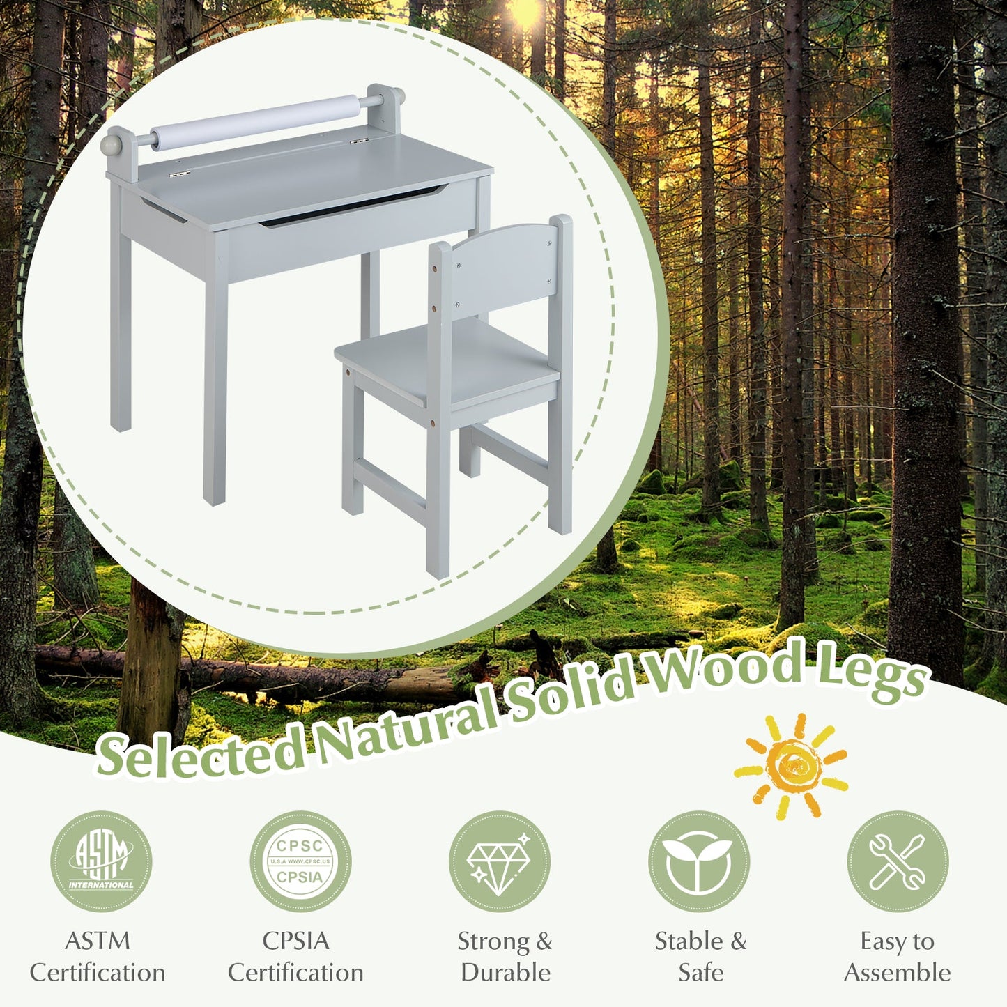 Ensemble de Table et Chaises en Bois pour Enfants avec Rangement - Gris