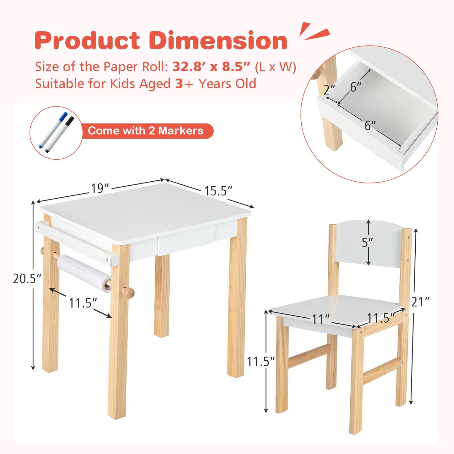 Ensemble de table et chaise d'art pour enfants avec tiroir et rouleau de papier - Blanc
