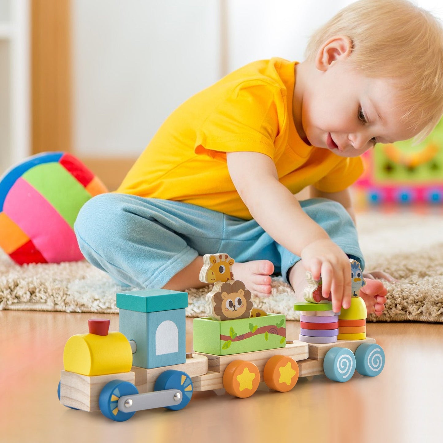 Juego de tren educativo apilable de madera con juguetes de animales coloridos