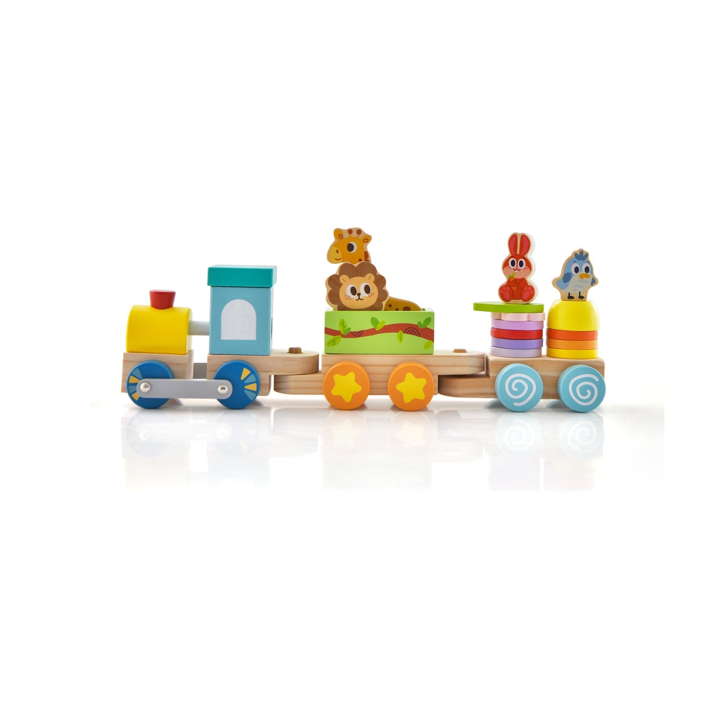 Juego de tren educativo apilable de madera con juguetes de animales coloridos