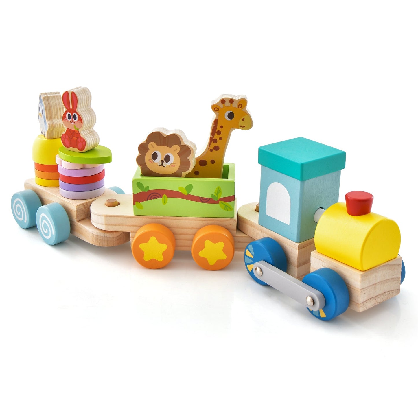 Juego de tren educativo apilable de madera con juguetes de animales coloridos