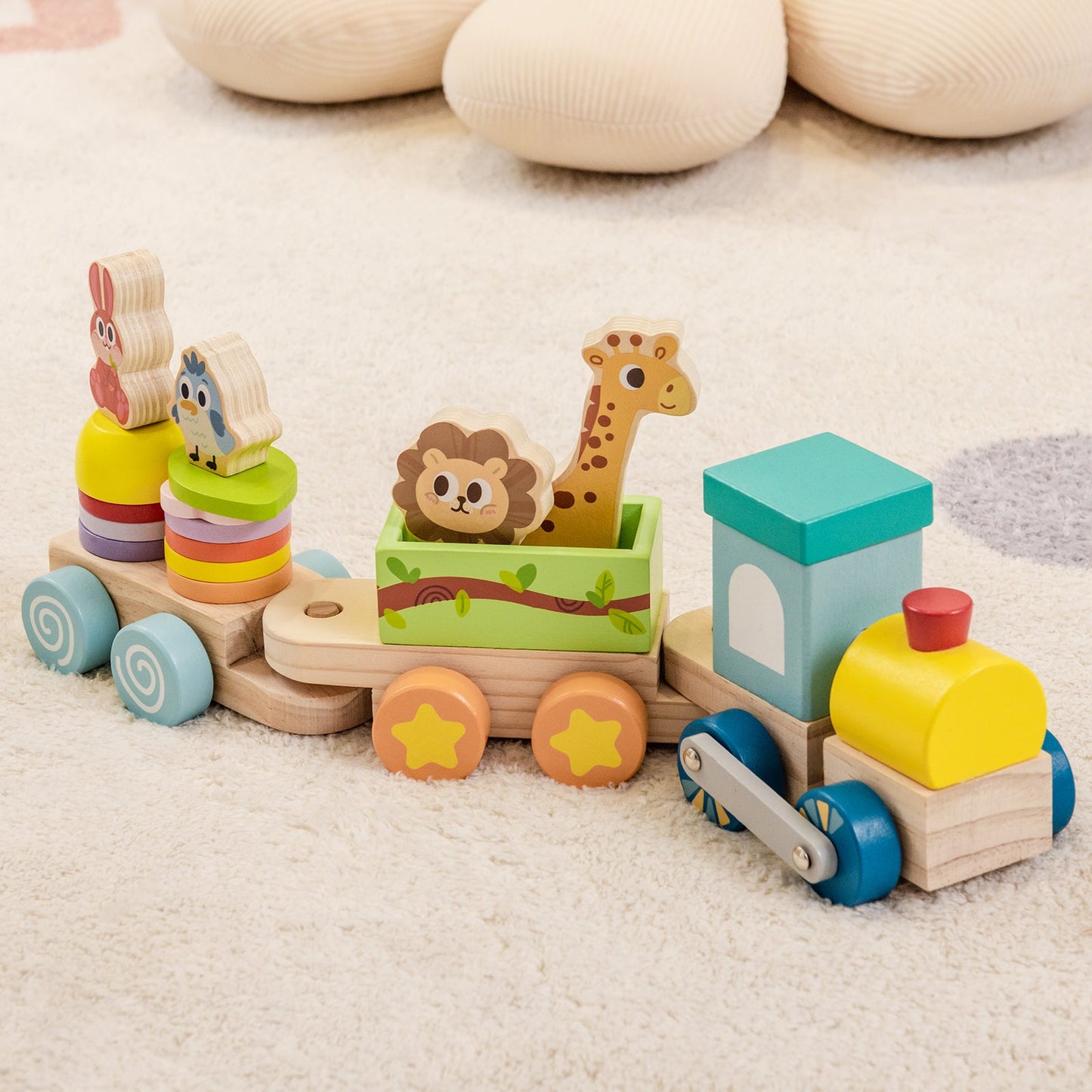 Juego de tren educativo apilable de madera con juguetes de animales coloridos