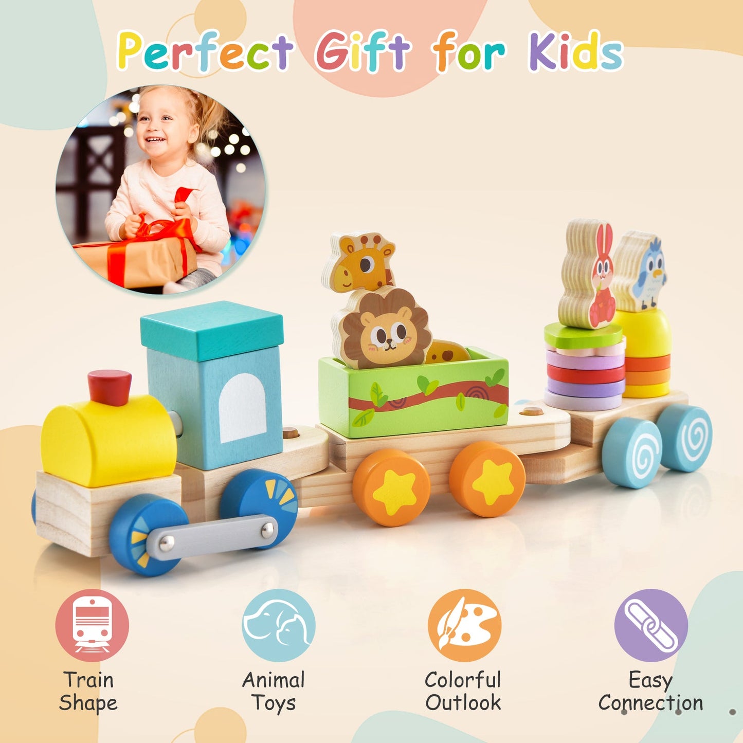 Juego de tren educativo apilable de madera con juguetes de animales coloridos