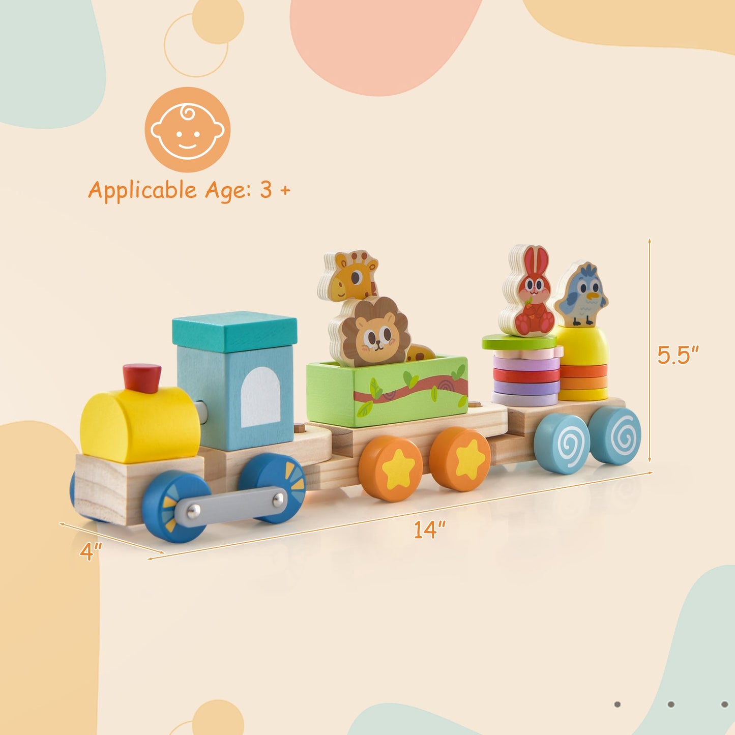 Juego de tren educativo apilable de madera con juguetes de animales coloridos