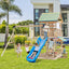 Wooden Swing Set with Upper Deck Slide & Steering Wheel