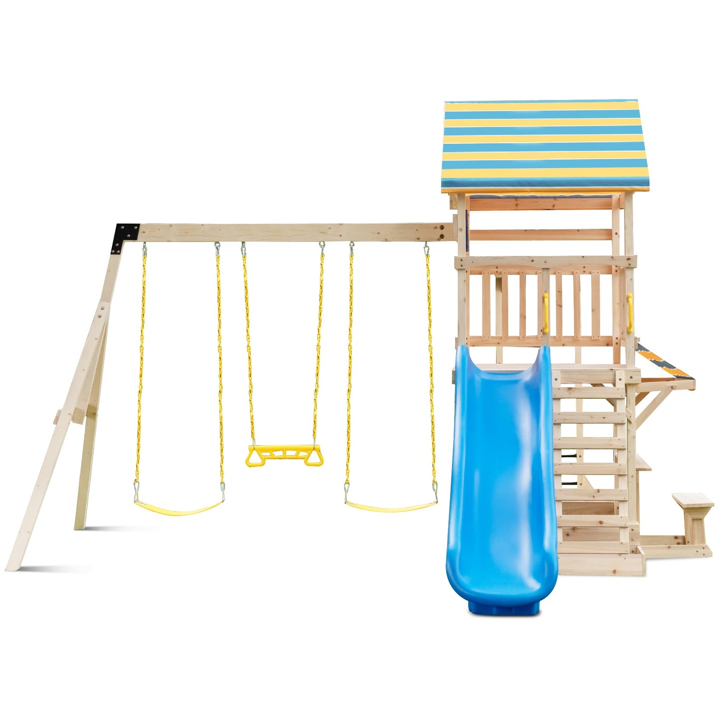 Wooden Swing Set with Upper Deck Slide & Steering Wheel