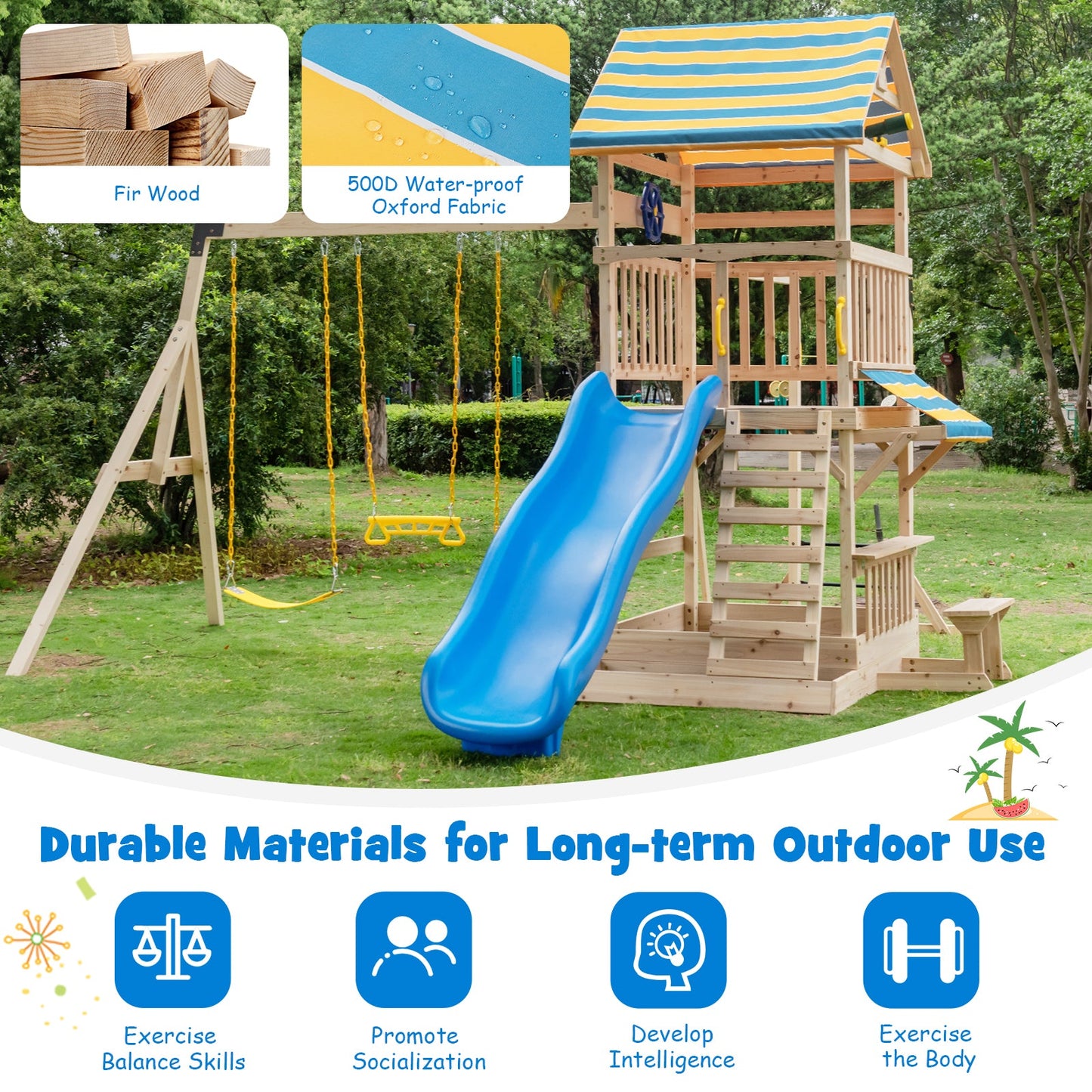 Wooden Swing Set with Upper Deck Slide & Steering Wheel