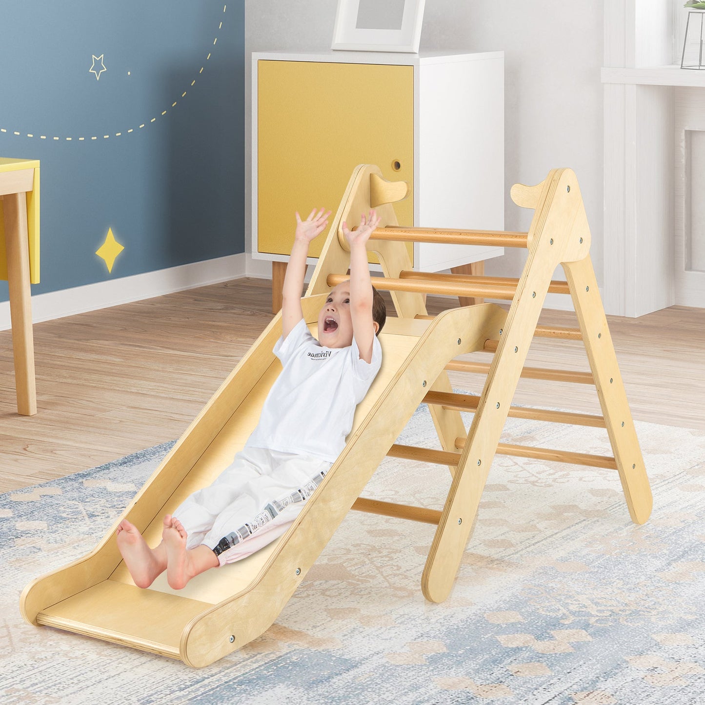 Set de Escalera Triangular de Madera 2 en 1 con Tobogán Ajustable