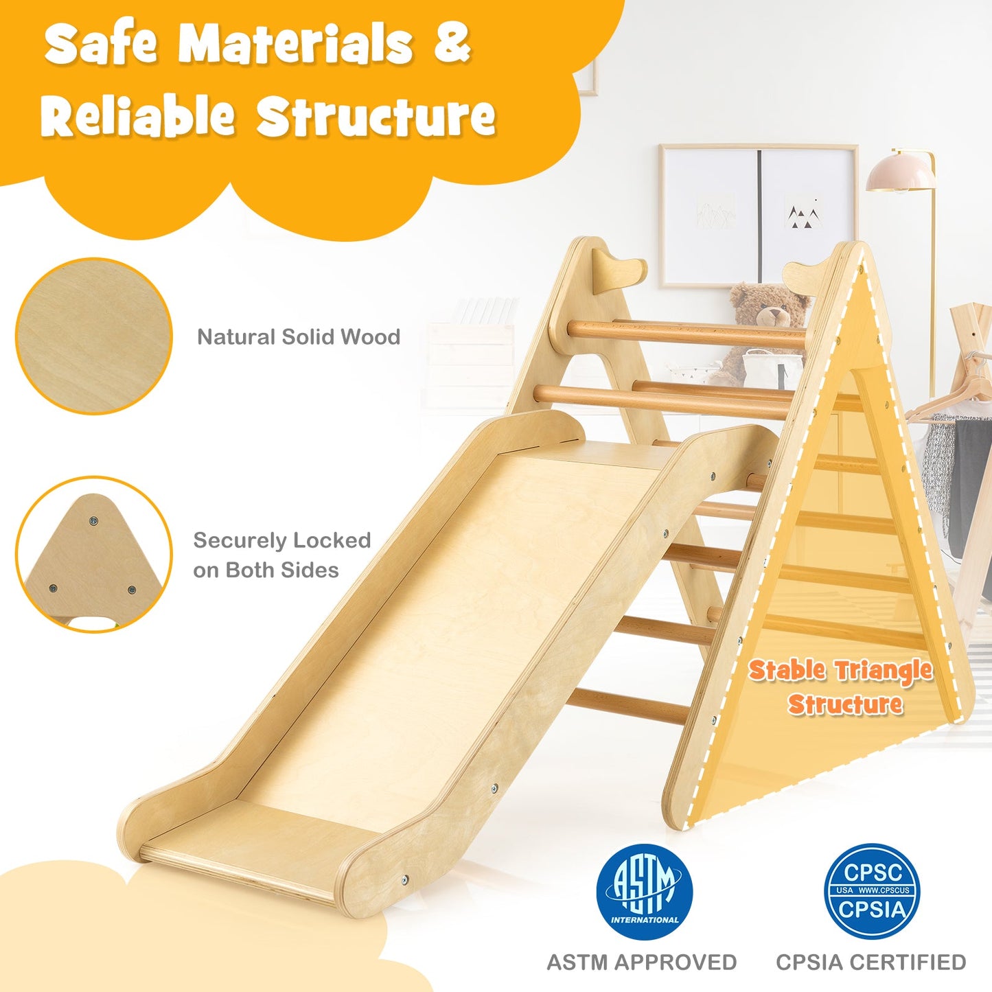 Set de Escalera Triangular de Madera 2 en 1 con Tobogán Ajustable