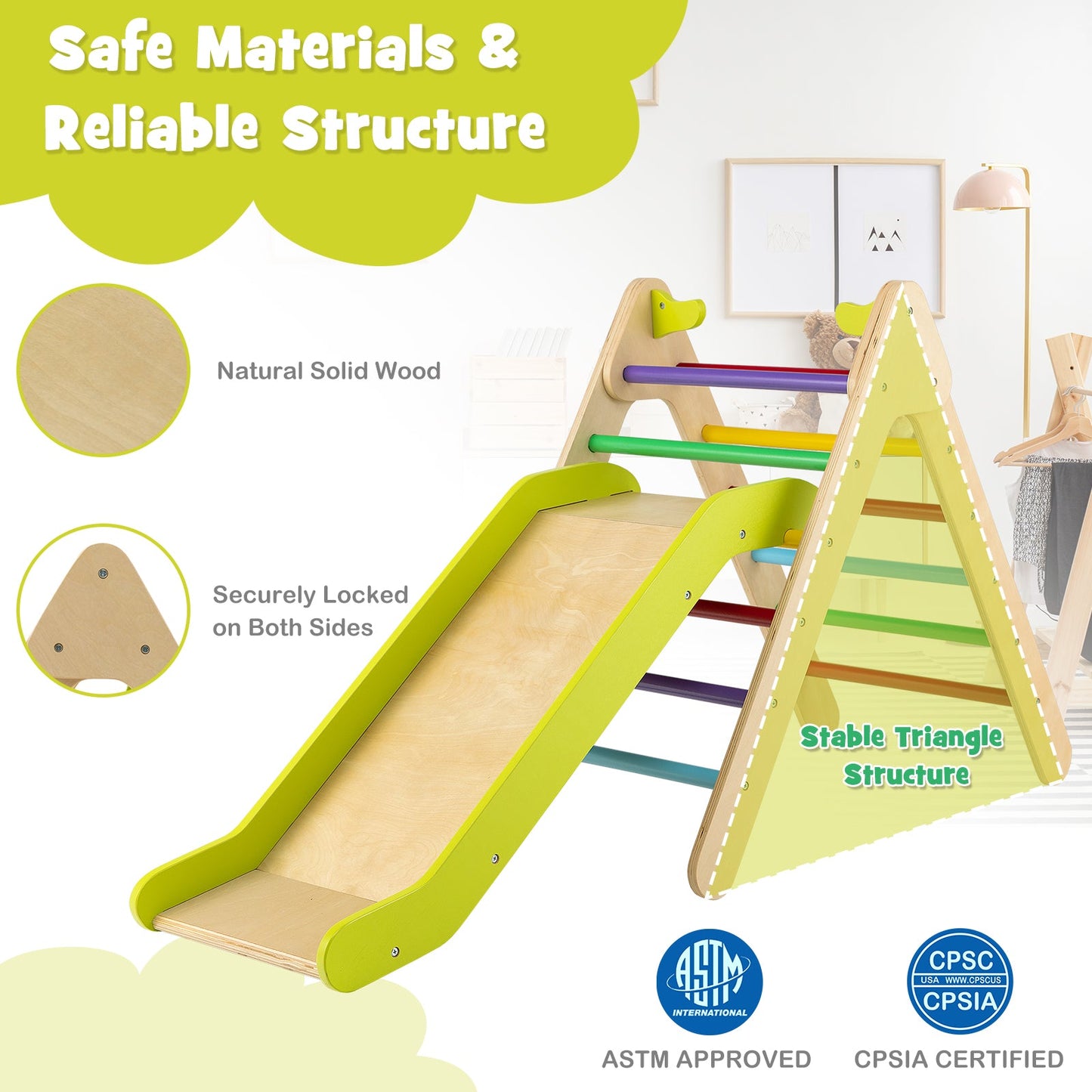 Juego de Escalera Triangular de Madera 2 en 1 con Tobogán Ajustable