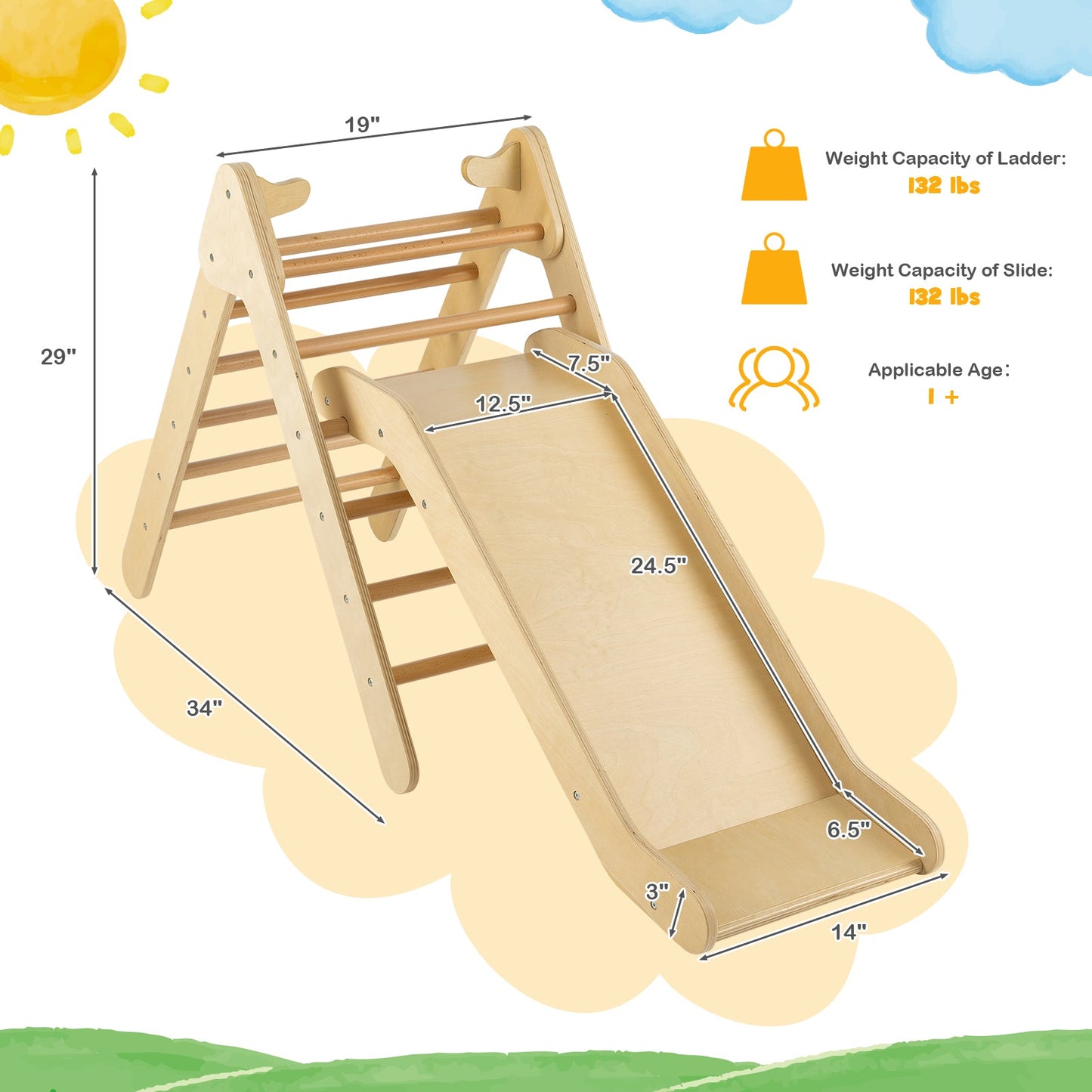Set de Escalera Triangular de Madera 2 en 1 con Tobogán Ajustable