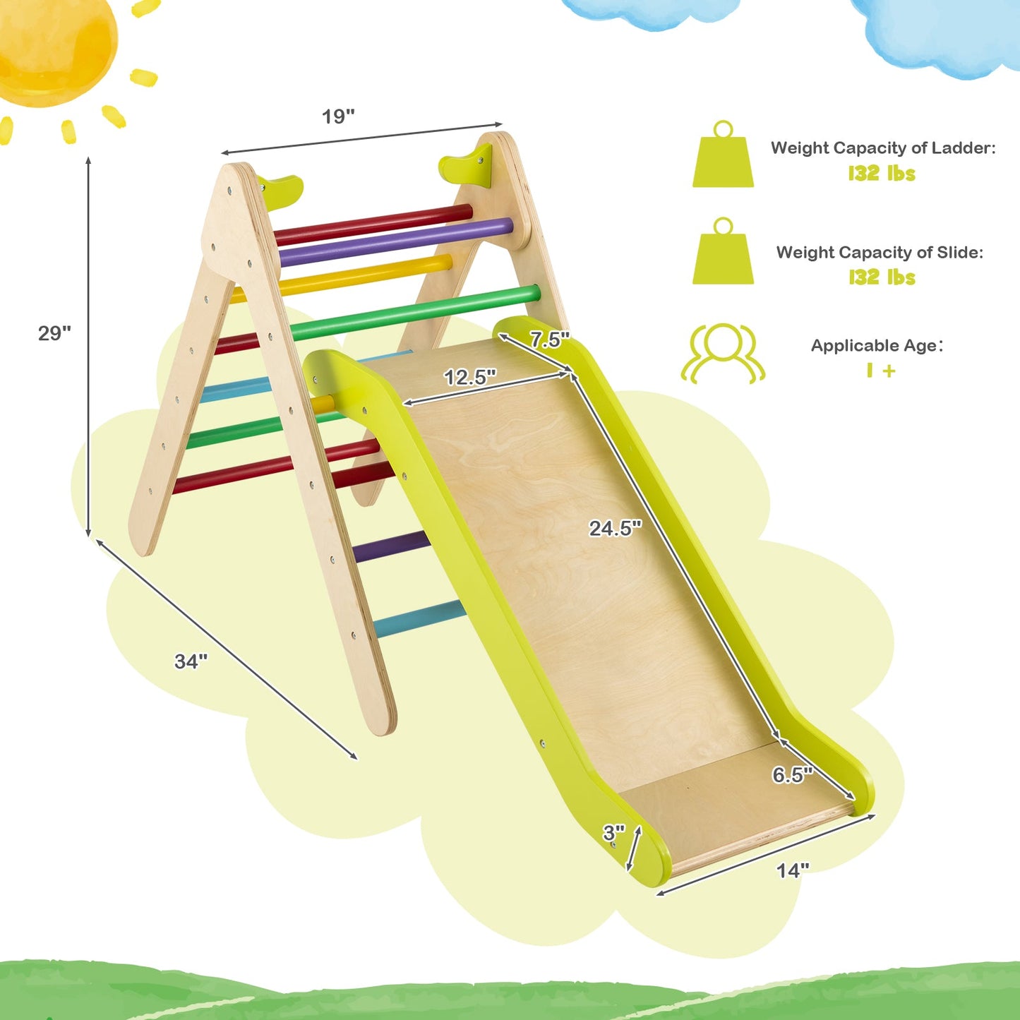 Juego de Escalera Triangular de Madera 2 en 1 con Tobogán Ajustable
