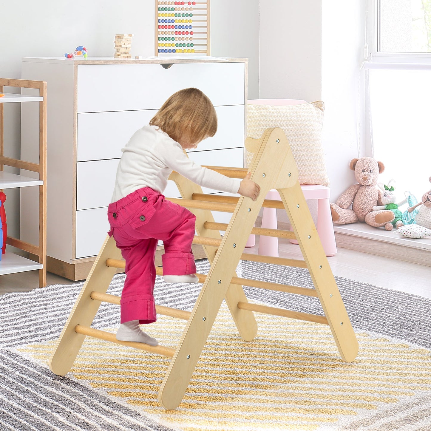 Set de Escalera Triangular de Madera 2 en 1 con Tobogán Ajustable