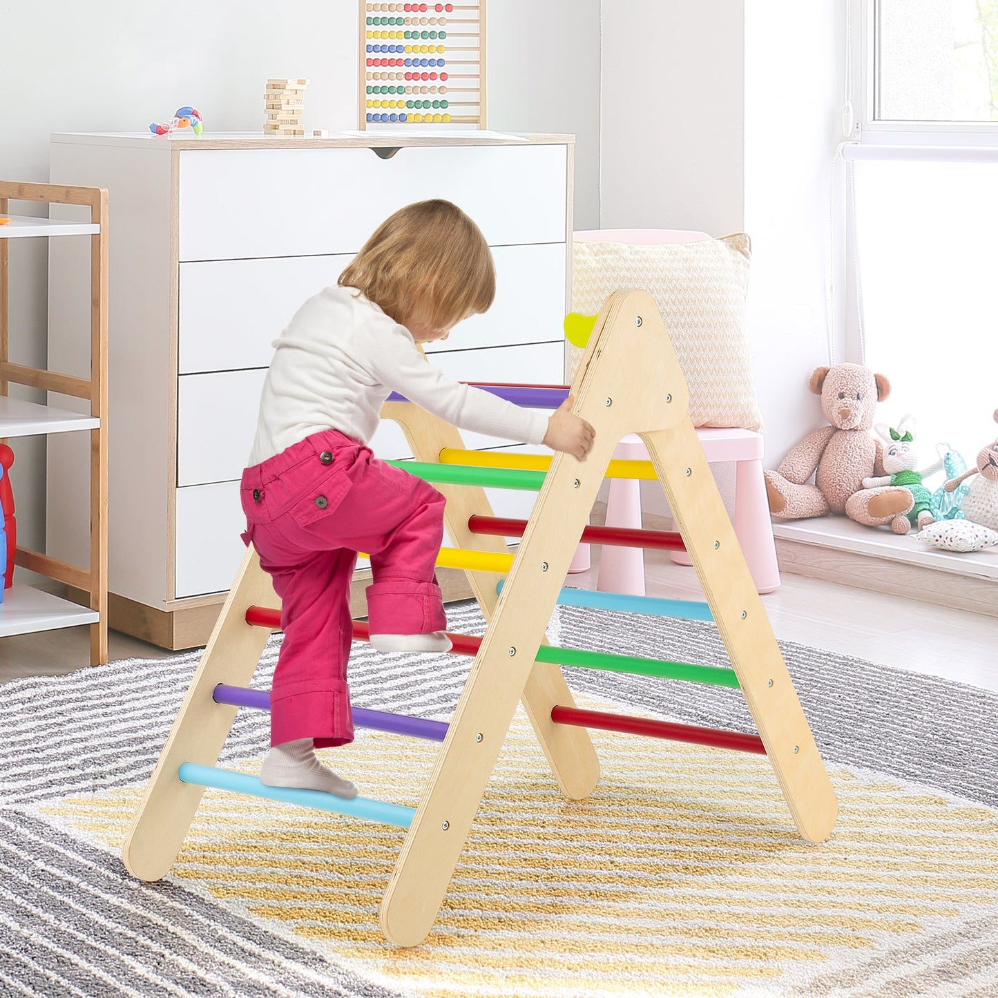 Juego de Escalera Triangular de Madera 2 en 1 con Tobogán Ajustable