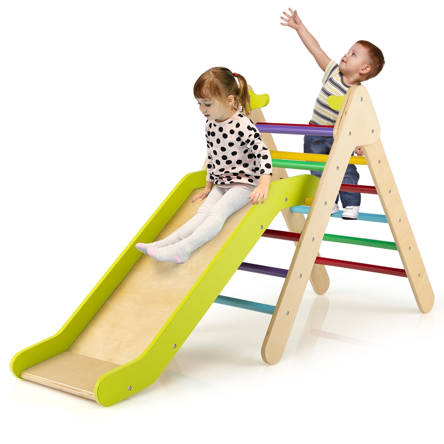 Juego de Escalera Triangular de Madera 2 en 1 con Tobogán Ajustable