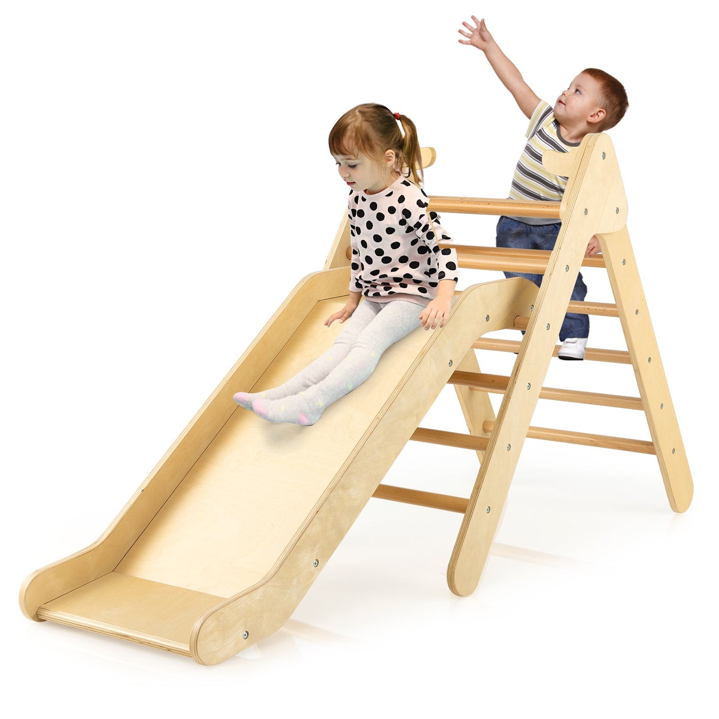 Set de Escalera Triangular de Madera 2 en 1 con Tobogán Ajustable
