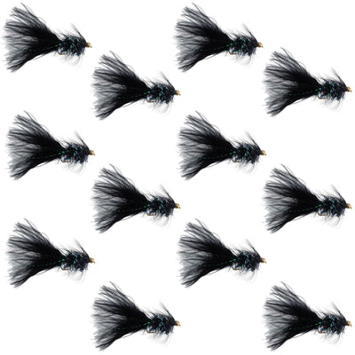 Black Bead Head Crystal Woolly Bugger Classic Streamer Flies - 12 Flies - Hook Size 4 - Korvel