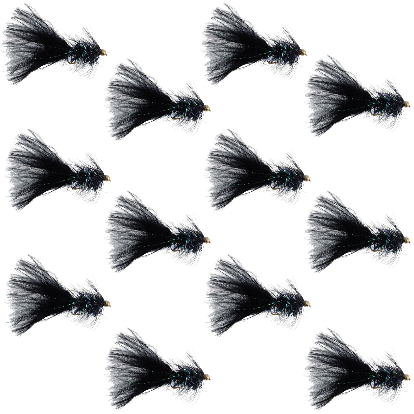 Black Bead Head Crystal Woolly Bugger Classic Streamer Flies - 12 Flies - Hook Size 8 - Korvel
