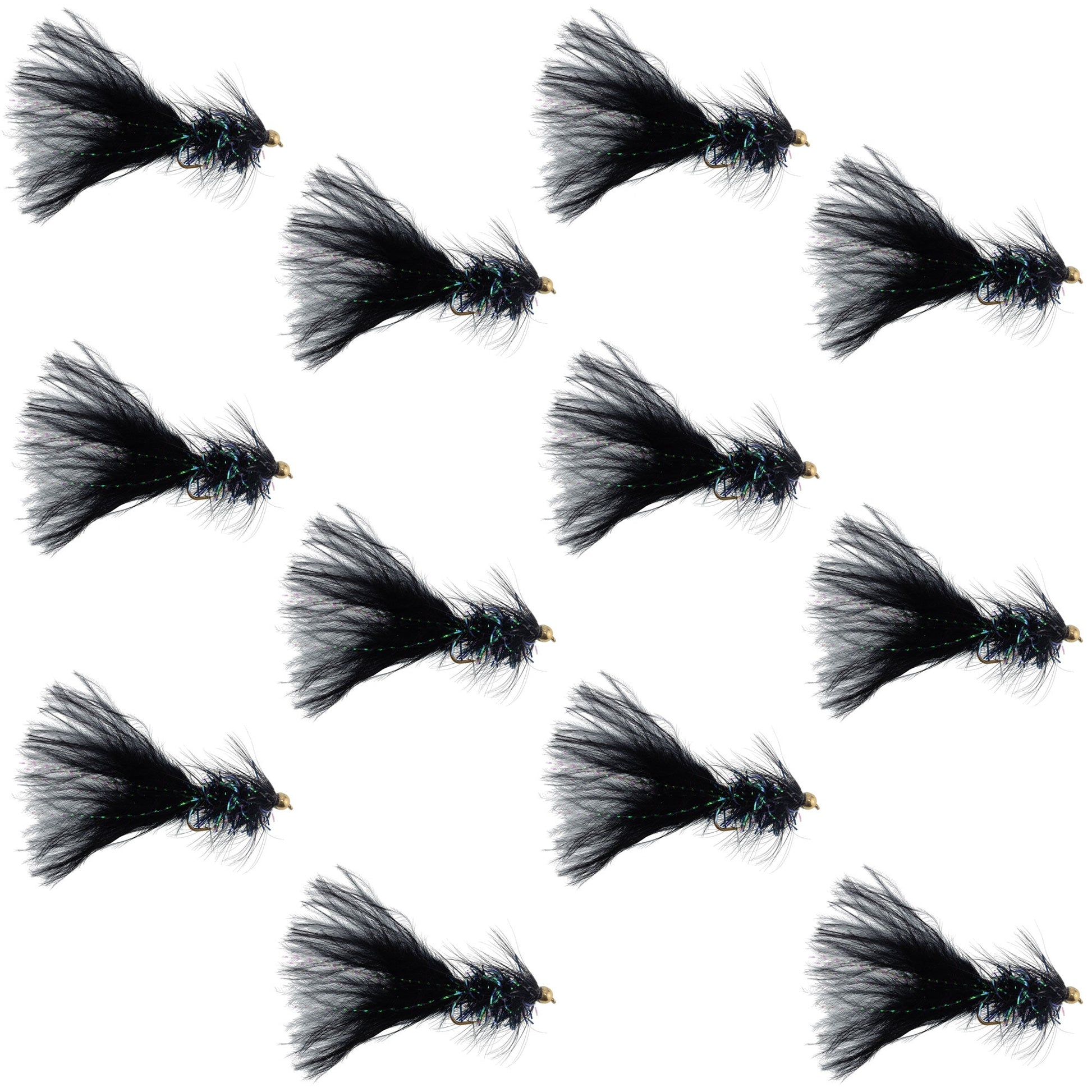 Black Bead Head Crystal Woolly Bugger Classic Streamer Flies - 12 Flies - Hook Size 8 - Korvel