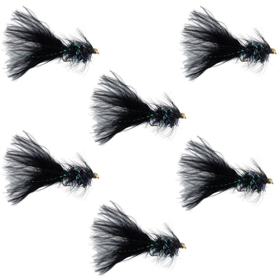 Premium Black Bead Head Woolly Bugger Streamer Flies - 6 Pack, Size 4 - Korvel