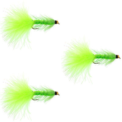 3 Pack Chartreuse Bead Head Crystal Woolly Bugger Classic Streamer Fly -  Hook Size 8 - Korvel
