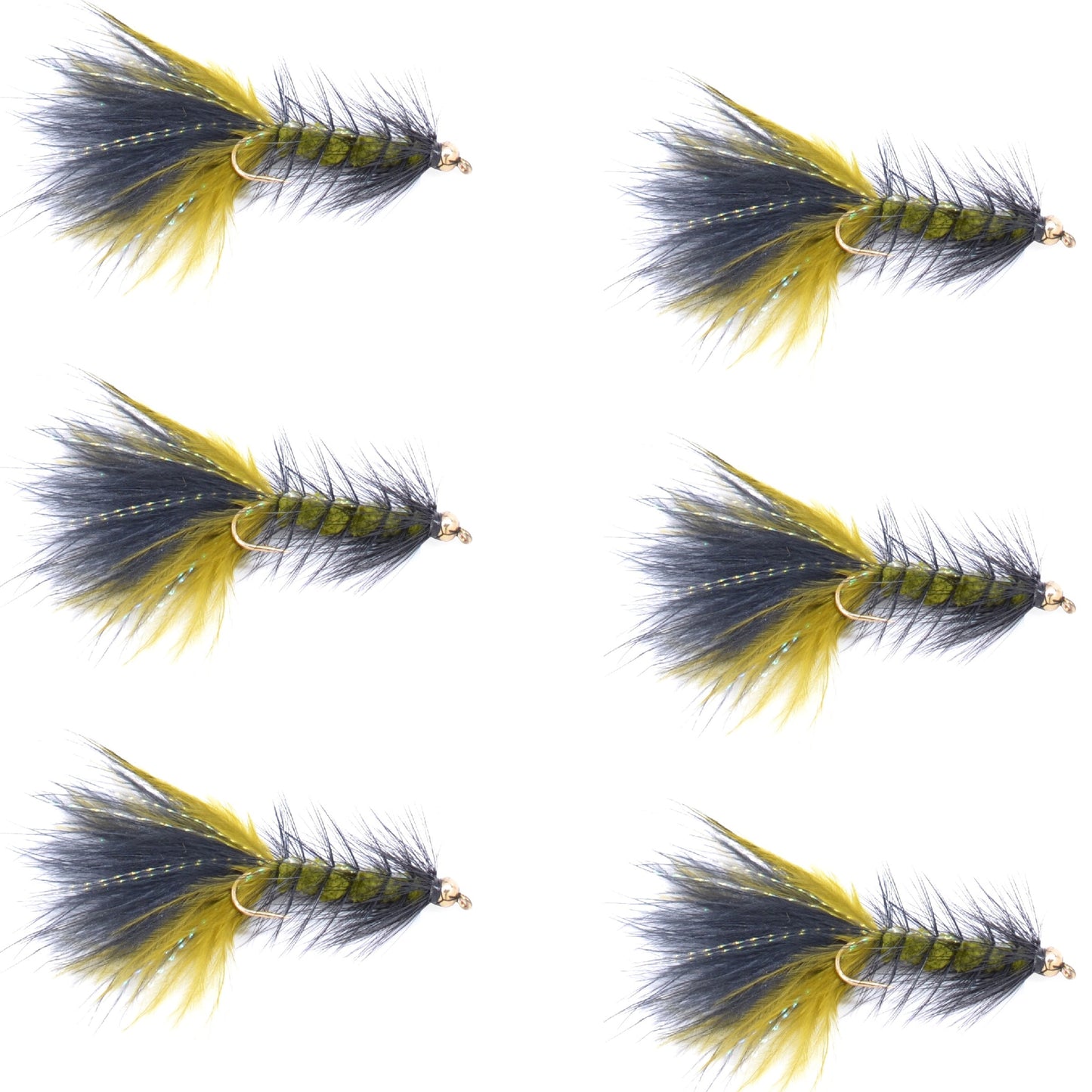 Premium Olive & Black Bead Head Woolly Bugger Streamer Flies - 6 Pack for Trout Fishing - Size 8 - Korvel