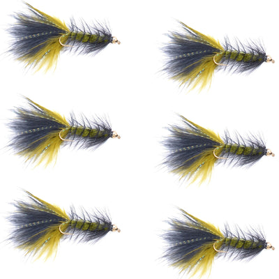 Premium Olive & Black Bead Head Woolly Bugger Streamer Flies - 6 Pack for Trout Fishing - Size 8 - Korvel